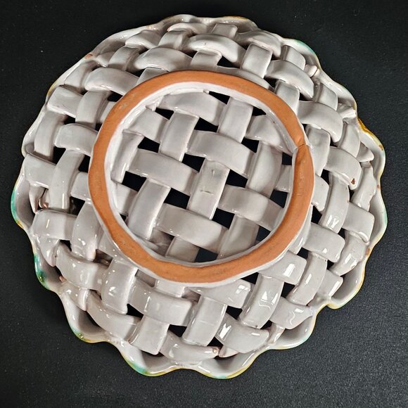 Vintage Italy Majolica Handcrafted Open Weave Ceramic Shallow Bowl Purple Floral - Picture 6 of 12